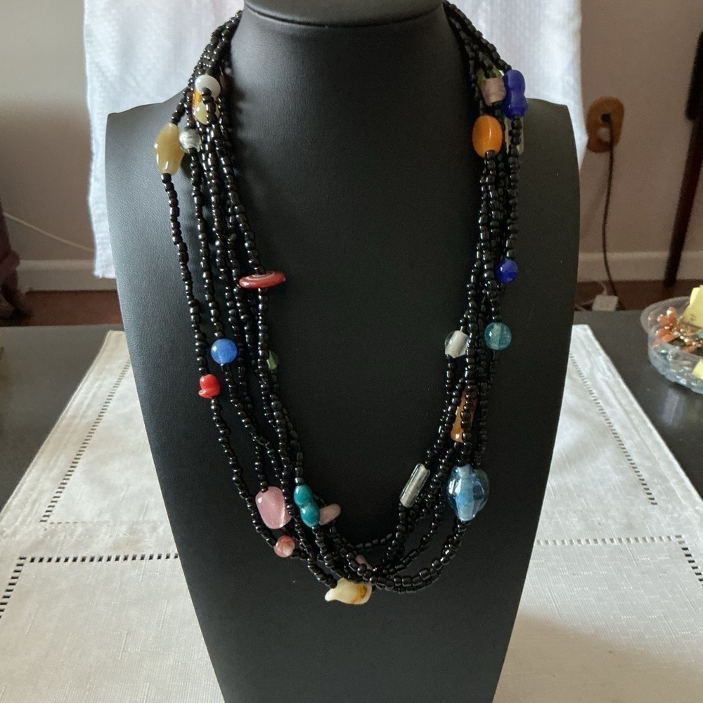 Black and Multicolored Glass 6 Strand Bead Necklace